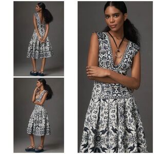 NWT By Anthropologie Floral Birds V-Neck Drop-Waist  A-Line Cocktail MIDI Dress